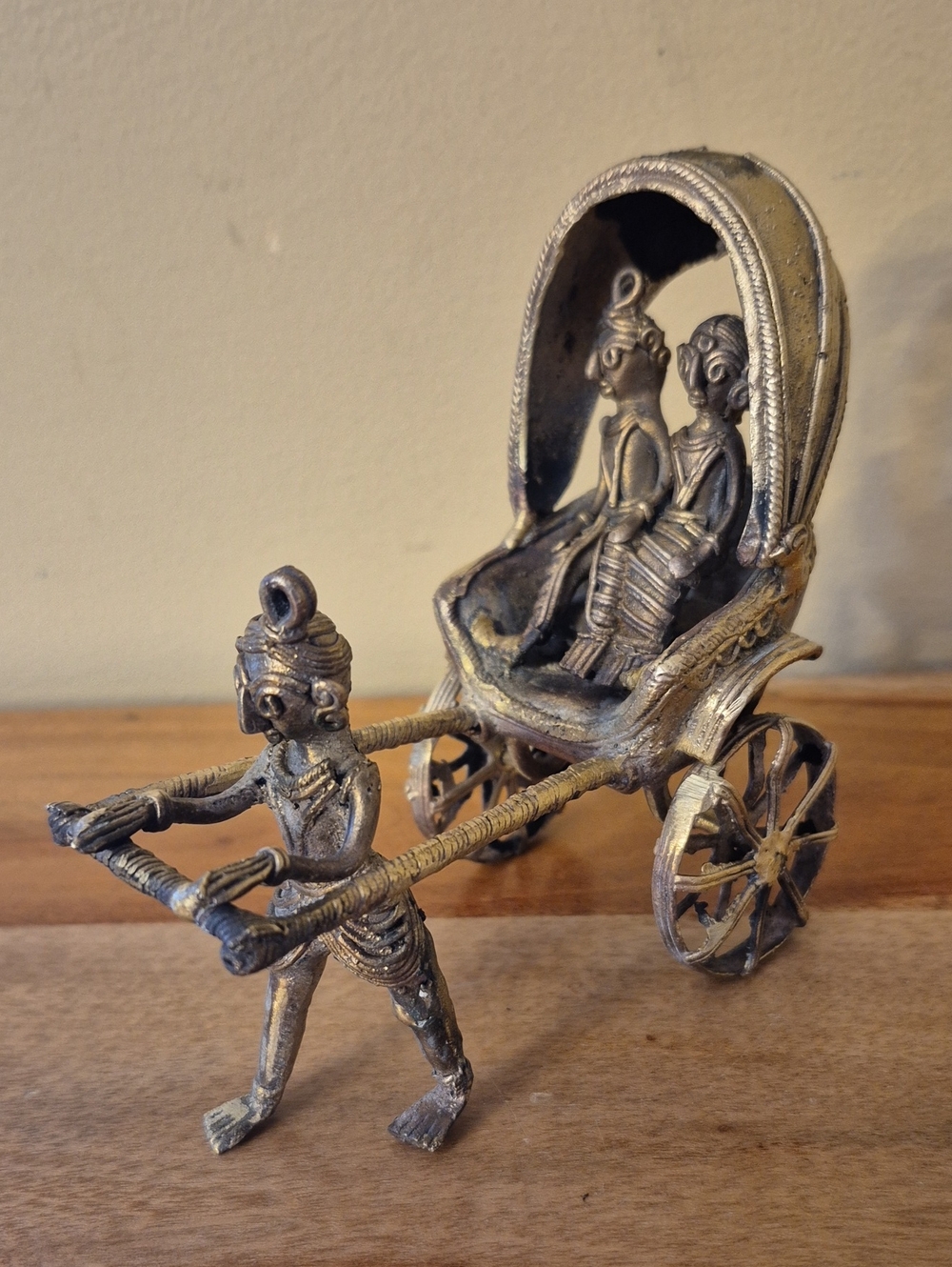 4.5" Dokhra Brass Human Pulling Rickshaw Figurine